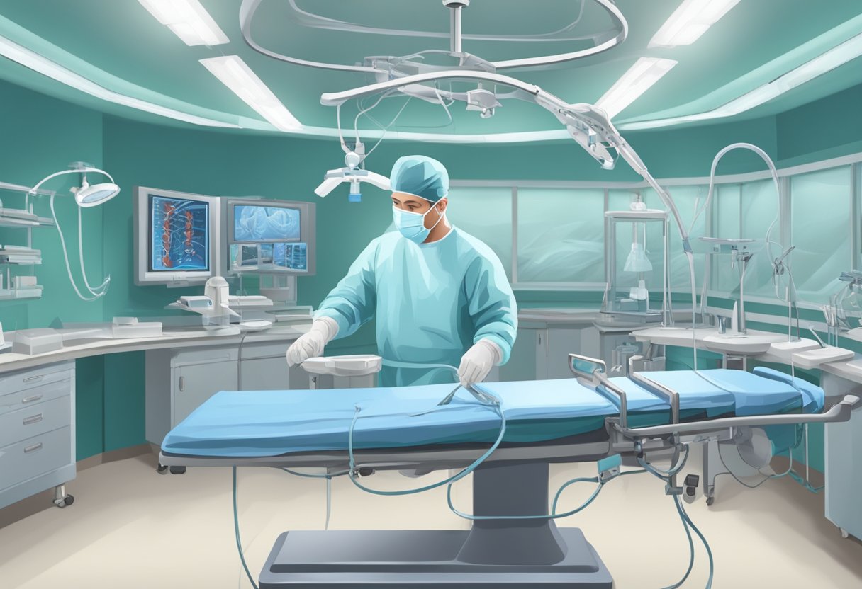A surgeon inserts a stent into a narrowed artery, restoring blood flow. Tools and equipment surround the sterile operating room