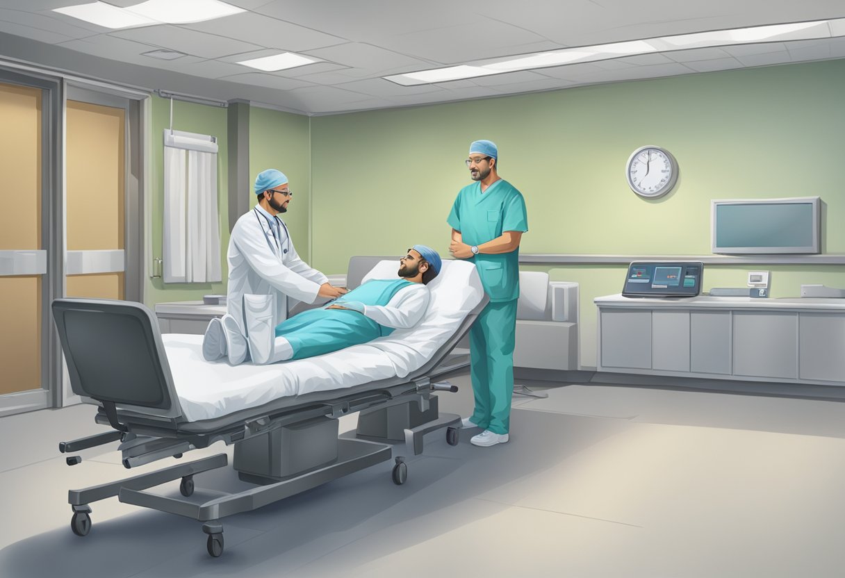A cardiologist and a cardiothoracic surgeon discussing a patient's case in a hospital conference room
