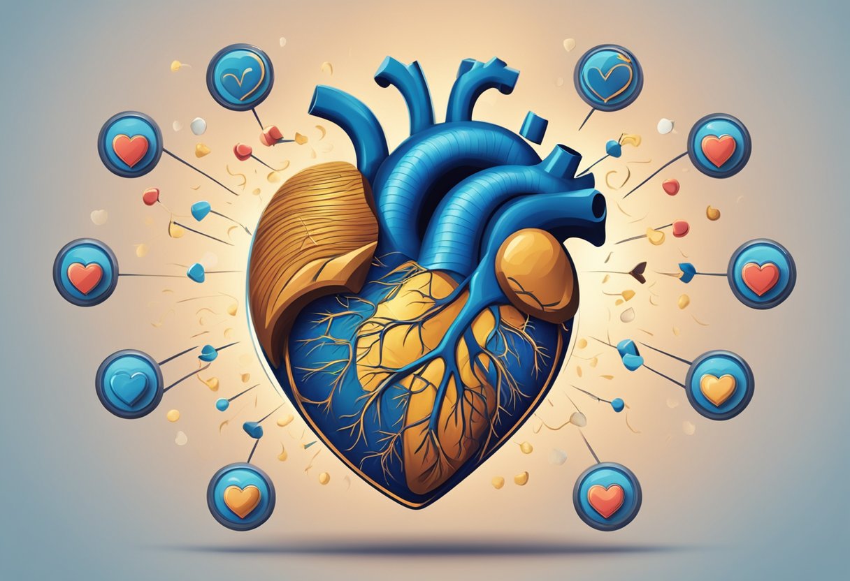 Heart palpitations: A heart symbol surrounded by question marks, pulsating and radiating outward. The symbol is emphasized and stands out against a plain background