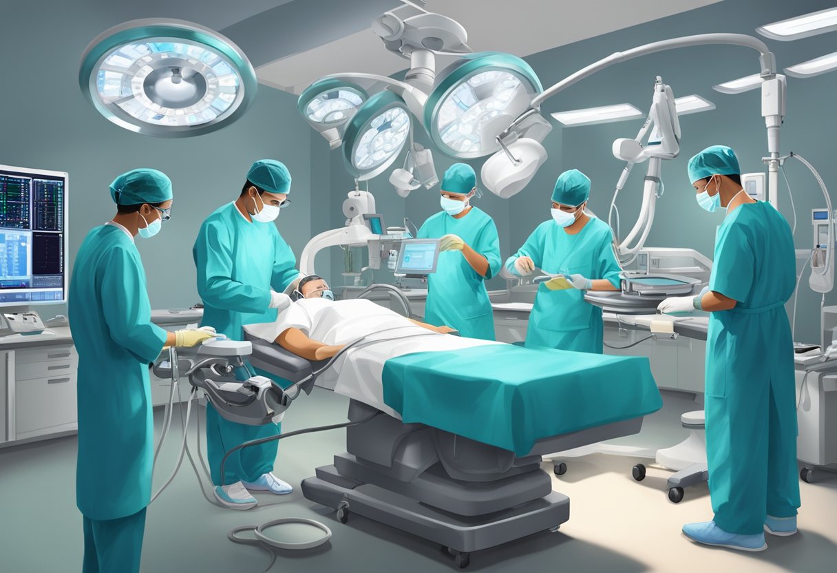 A heart surgeon in Singapore performing surgery in a state-of-the-art operating room, surrounded by advanced medical equipment and a team of focused professionals