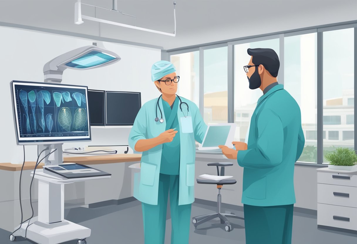A cardiologist consults with a cardiothoracic surgeon, discussing patient care and treatment options. The surgeon reviews imaging and surgical plans