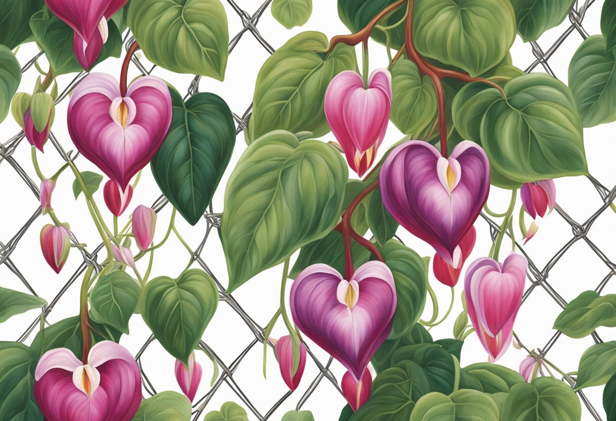 A vibrant bleeding heart vine climbs up a trellis, its heart-shaped blossoms cascading down in a stunning display of deep red and pink hues