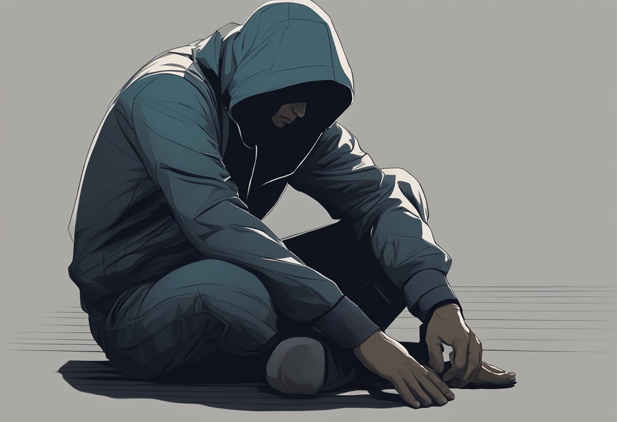 A figure sits hunched, surrounded by dark, looming shadows. Their hands clutch at their chest, but their heart beats steadily