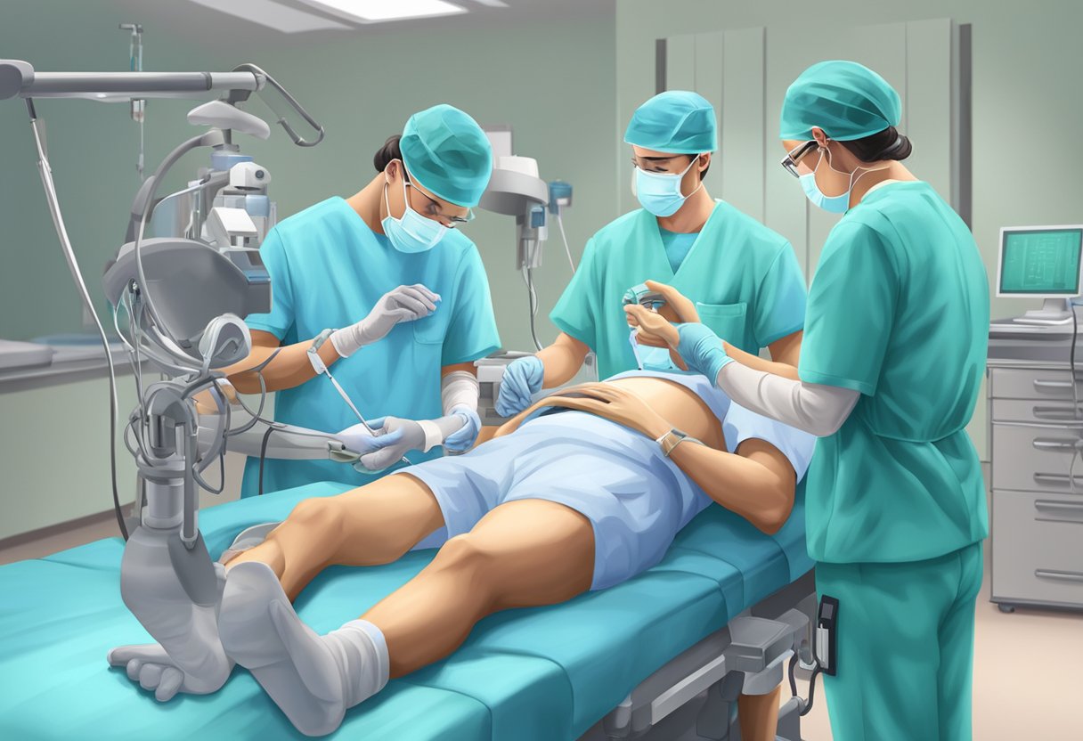 Surgeons insert heart pacer into patient's chest. Instruments, monitors, and medical staff surround operating table