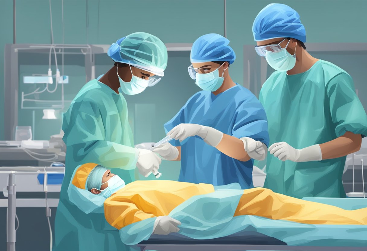 Surgeon prepares instruments, patient is under anesthesia. Sterile draping covers the surgical site. Team members wear protective gear