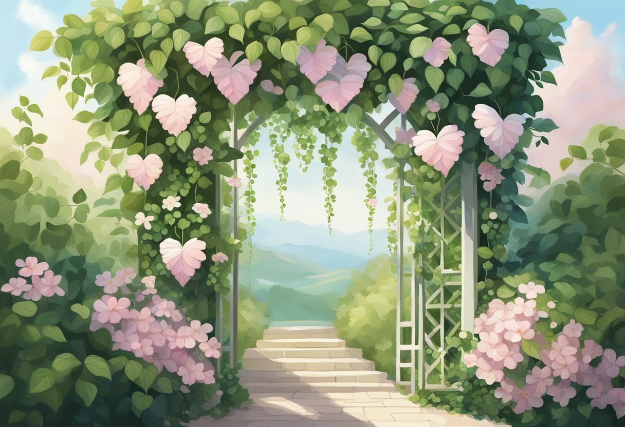Lush green leaves cascade down a trellis, delicate pink and white heart-shaped flowers dangle from the vines, bathed in soft sunlight