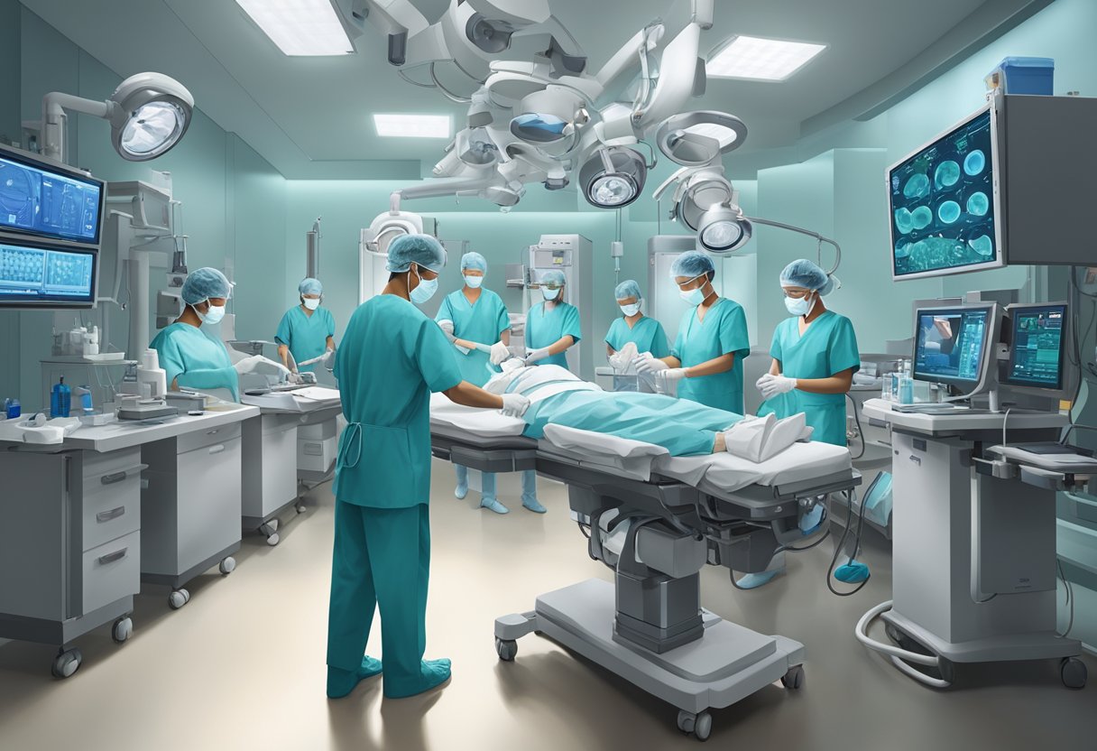 A heart surgeon in Singapore performs delicate procedures and treatments in a sterile operating room, surrounded by advanced medical equipment and a team of focused medical professionals