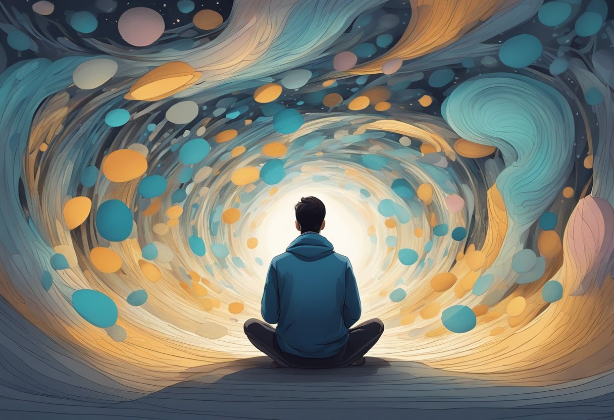 A person sits in a quiet room, surrounded by swirling thoughts and a sense of unease. The atmosphere is heavy, with a feeling of being trapped in their own mind