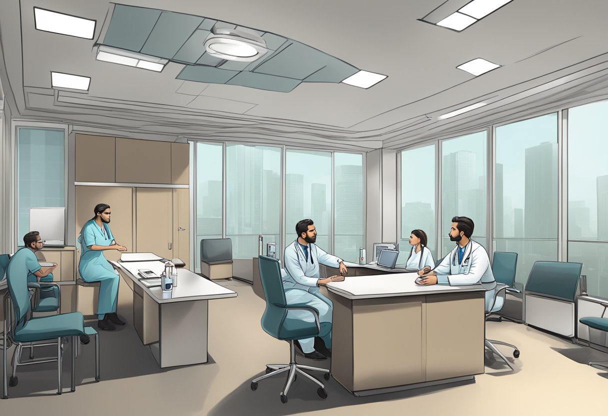 A cardiologist and a cardiothoracic surgeon discussing patient care and treatment options in a hospital conference room