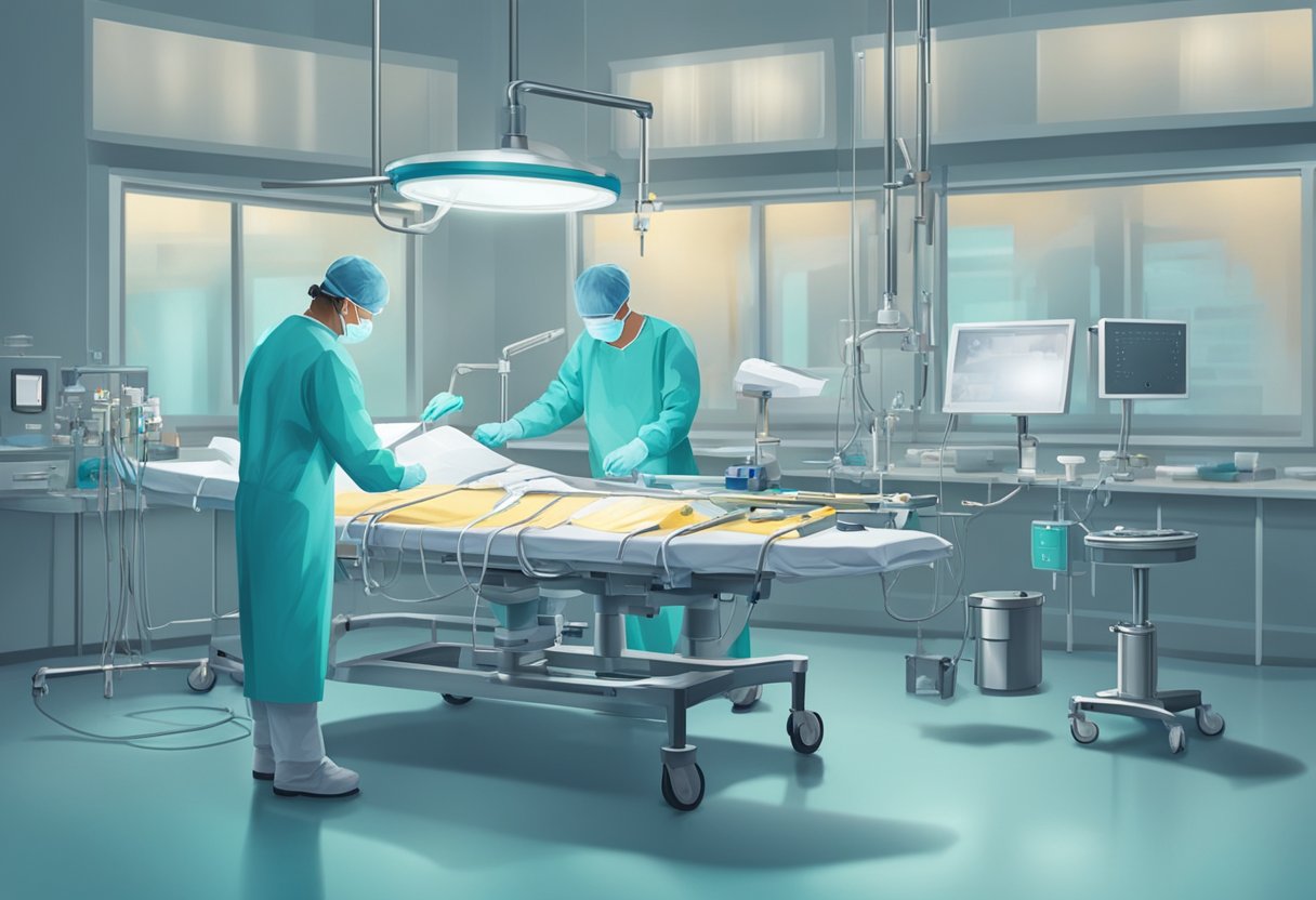 A surgeon prepares tools for heart pacer surgery. Instruments laid out on a sterile table in a well-lit operating room
