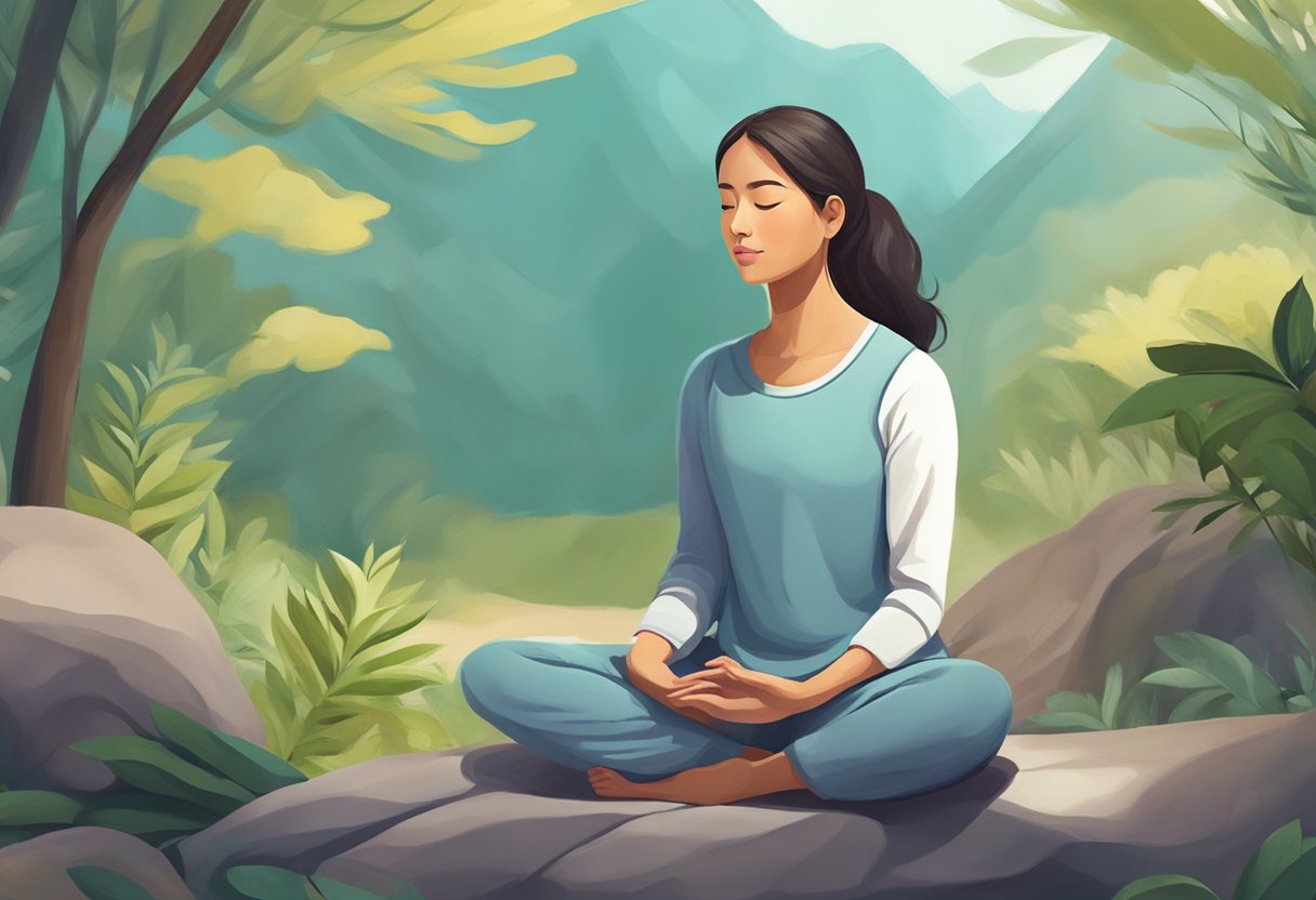A calm individual meditates in a peaceful setting, surrounded by soothing colors and natural elements to manage anxiety without heart racing