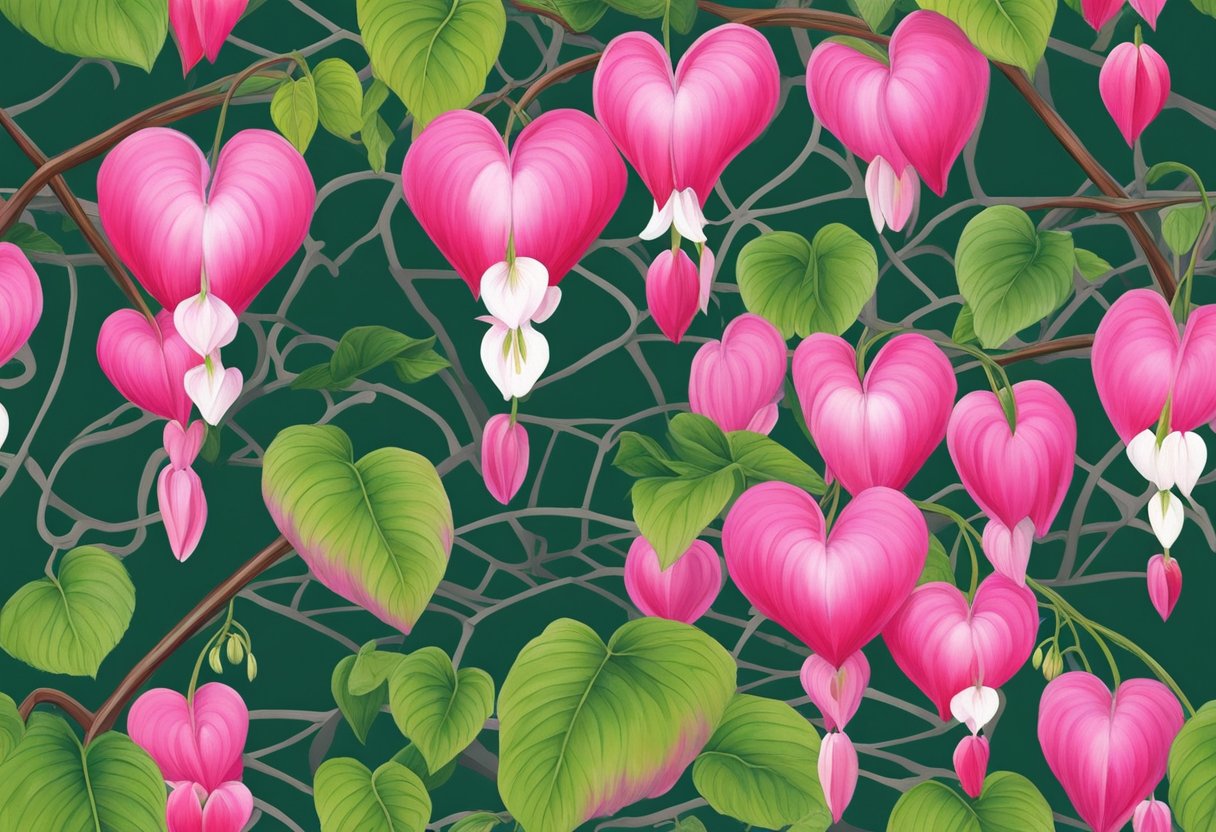 The bleeding heart vine blooms in vibrant shades of pink and red, with heart-shaped flowers cascading down a trellis. Lush green leaves provide a backdrop for the striking blossoms