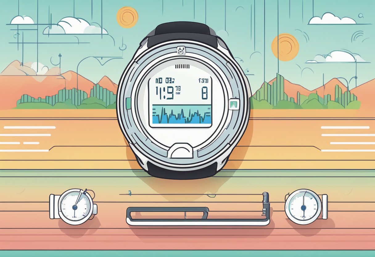 A heart rate monitor displaying a steady, healthy heart rate. Surrounding environment indicates factors such as exercise, stress, and temperature