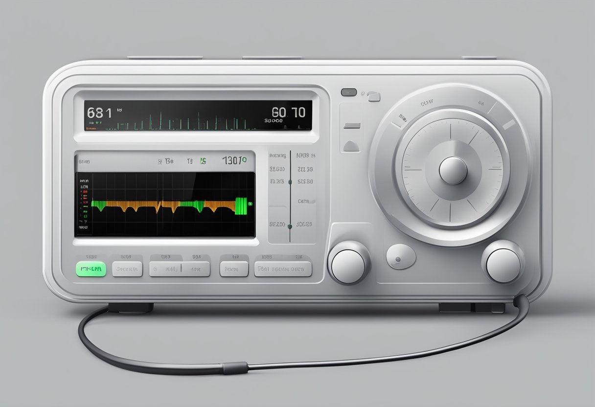 A heart rate monitor displaying a steady adult resting heart rate of 60-100 beats per minute, with a calm and serene ambiance