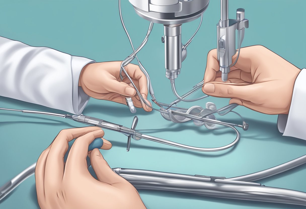 A surgeon inserts a stent into a narrowed artery, restoring blood flow. Medical tools and equipment surround the operating table