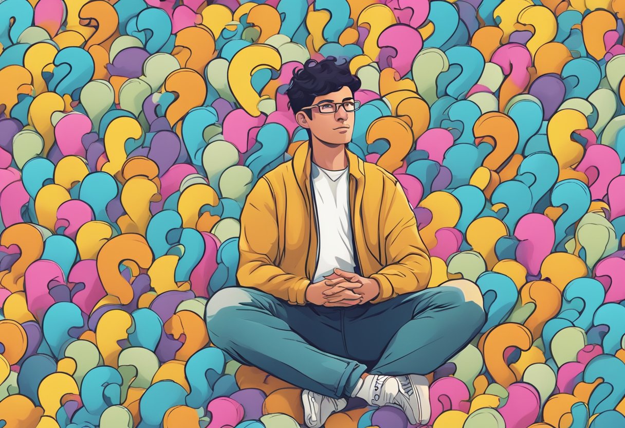 A person sits calmly, surrounded by floating question marks, with a peaceful expression