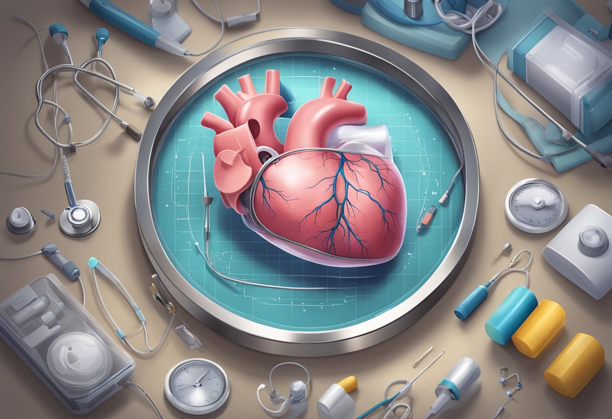 A baby's heart with a visible hole, surrounded by medical equipment and a hopeful atmosphere