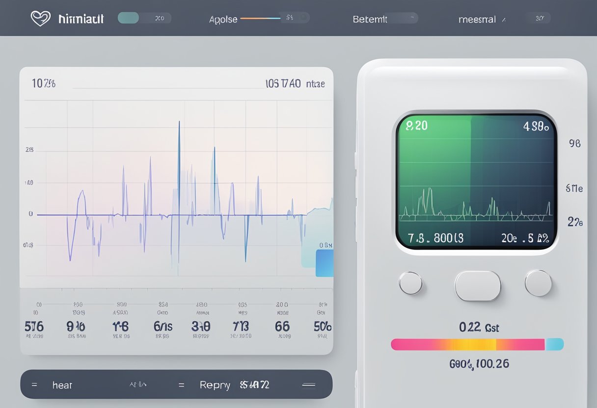 A heart rate monitor beeping steadily next to a chart displaying normal heart rate ranges