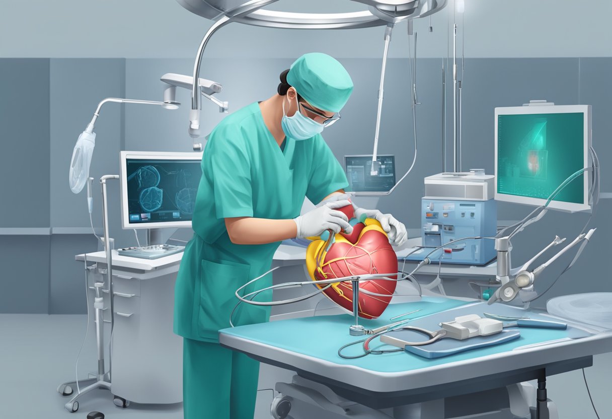 A surgeon inserts a stent into a heart artery. Tools and medical equipment surround the operating table