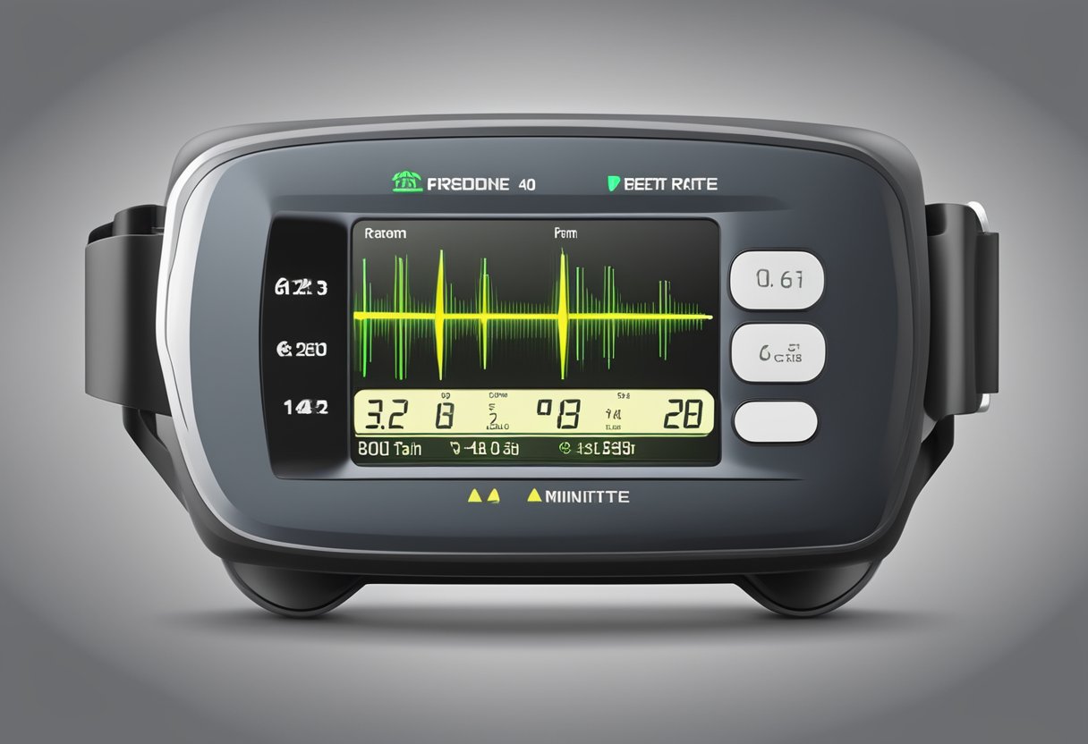 A heart rate monitor displaying a stable reading of 60-100 beats per minute, with a calm and peaceful background