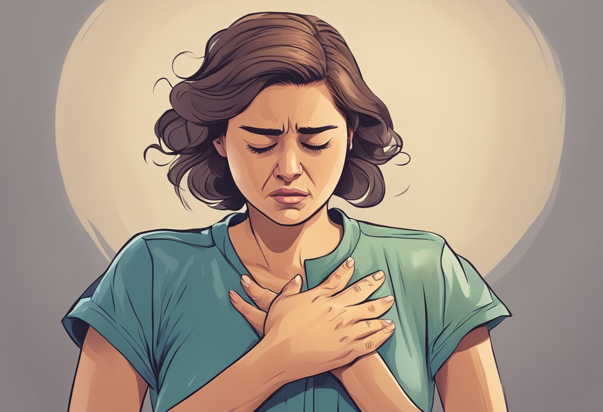 A woman clutches her chest, grimacing in pain, while sweating and feeling nauseous