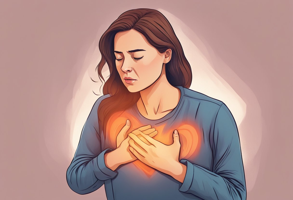 A woman clutches her chest in pain, sweating and short of breath, as she experiences heart attack symptoms