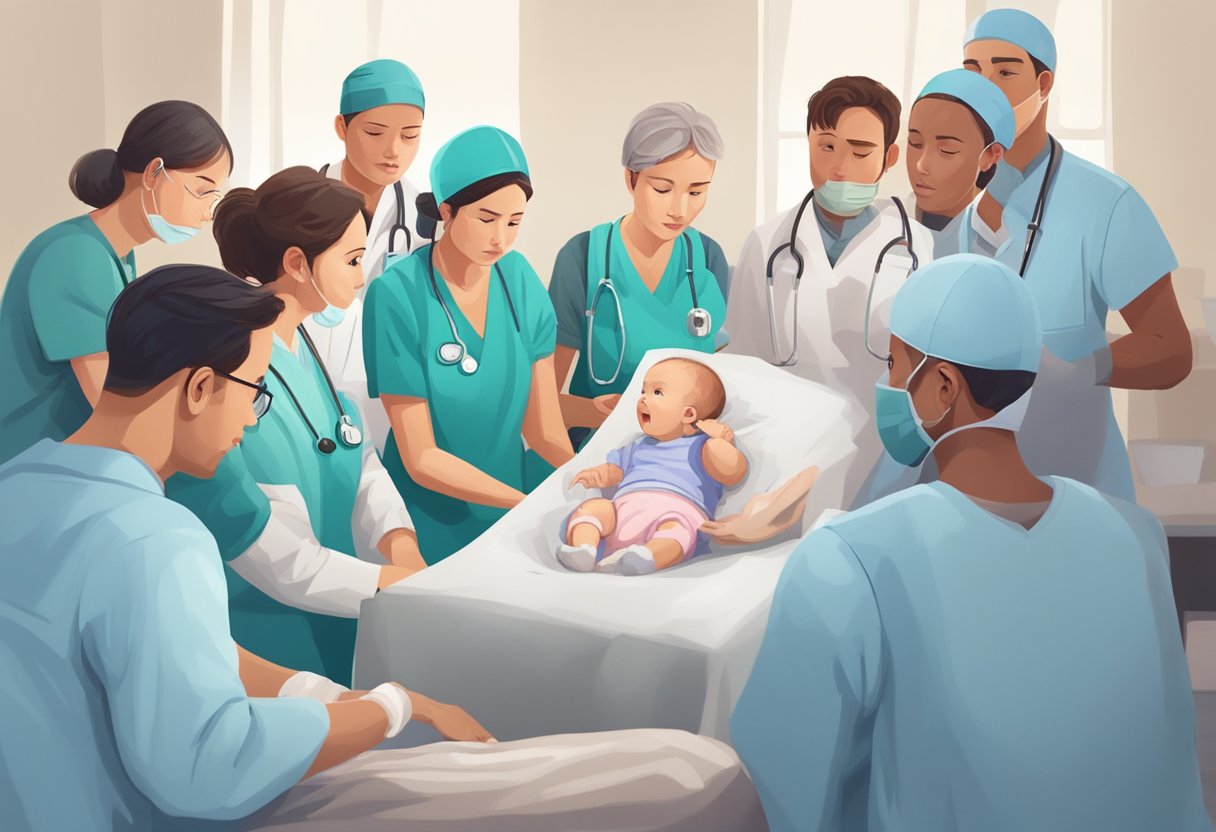 A baby with a hole in its heart, surrounded by concerned family members and medical professionals, seeking information on survival rates
