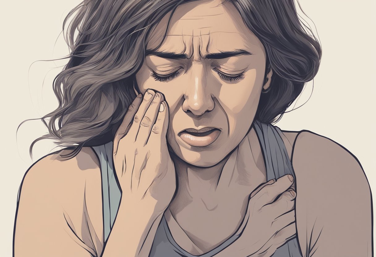 A woman clutches her chest, grimacing in pain. She sweats and struggles to breathe, her face contorted with distress