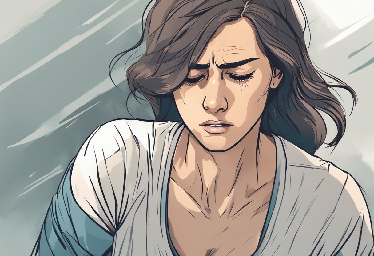 A woman clutching her chest, sweating, and experiencing shortness of breath. She looks distressed and in pain