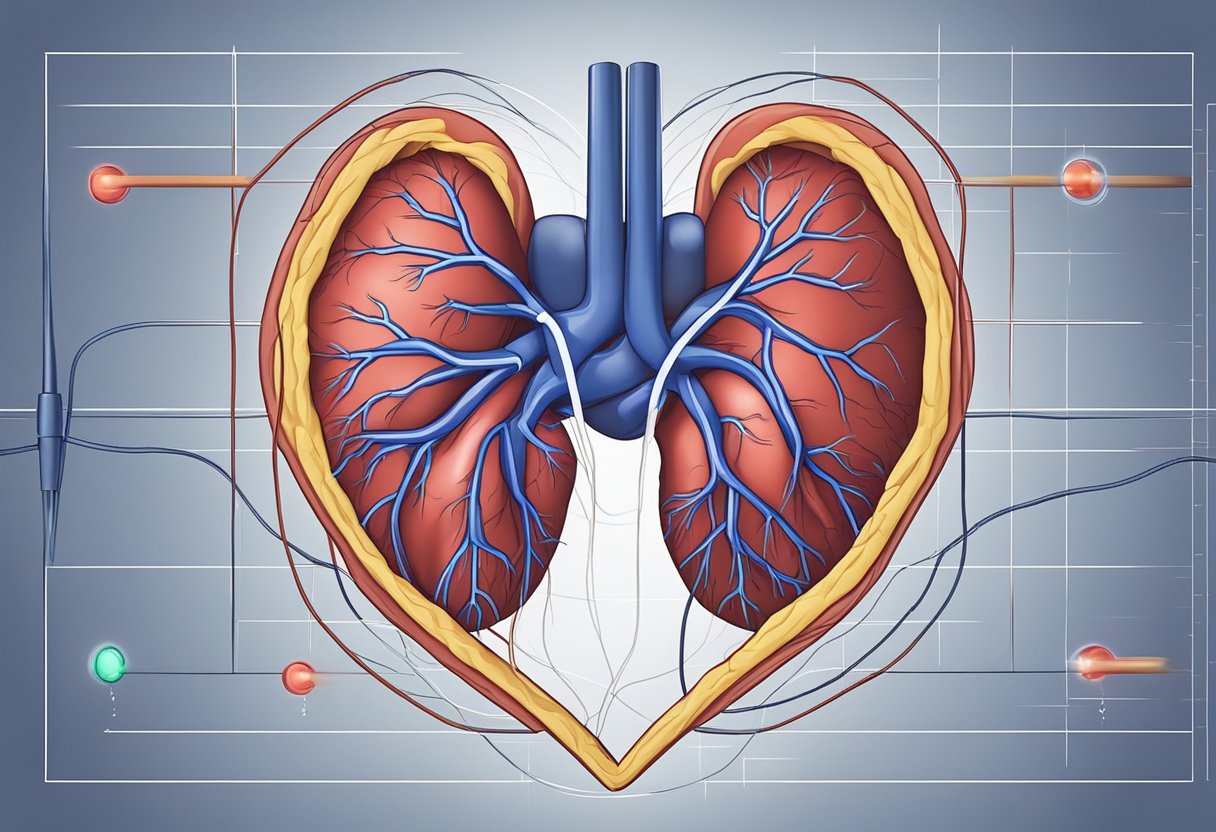 A heart with irregular electrical signals (atrial fibrillation) leading to a sudden blockage of blood flow (heart attack)