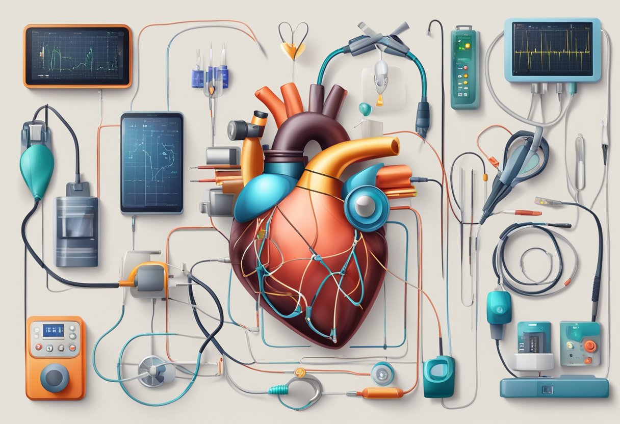 A heart with electrical signals misfiring, surrounded by supportive medical equipment and prevention tools