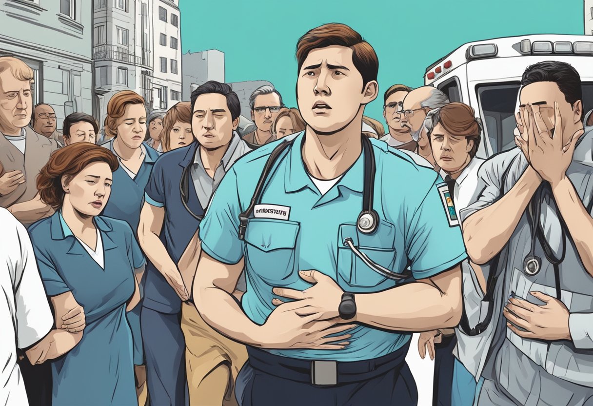 A person clutching their chest in pain, surrounded by concerned onlookers and an ambulance arriving