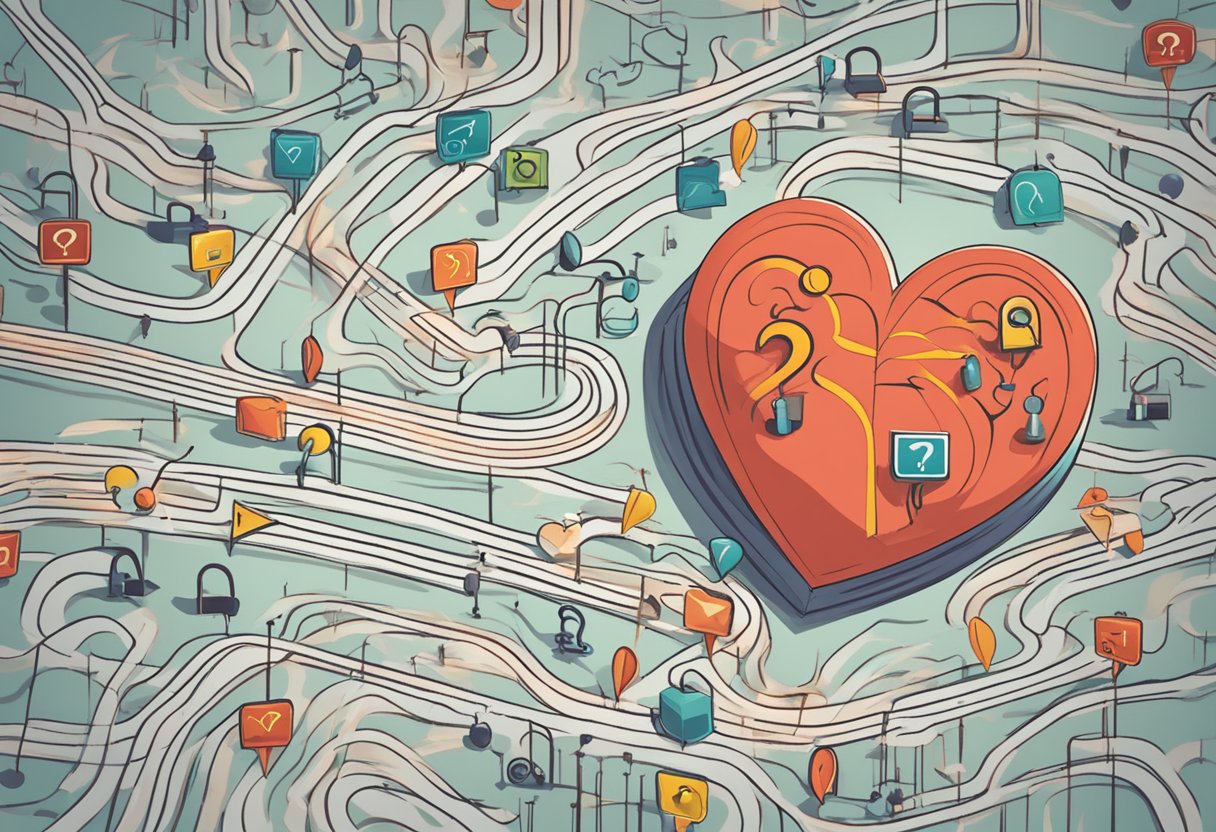 A heart with irregular rhythm, surrounded by question marks and a warning sign