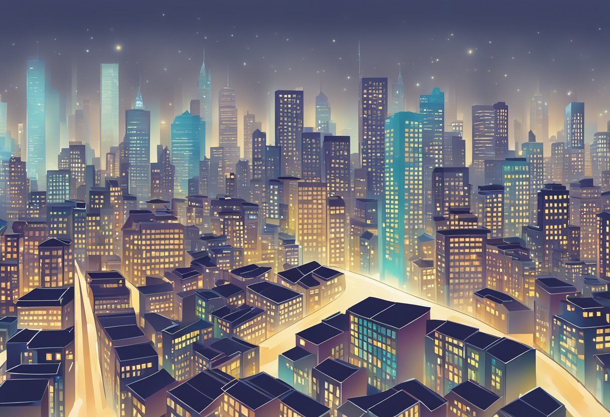 A person's view of a city skyline becomes distorted and unfocused, with buildings and lights appearing blurry and indistinct