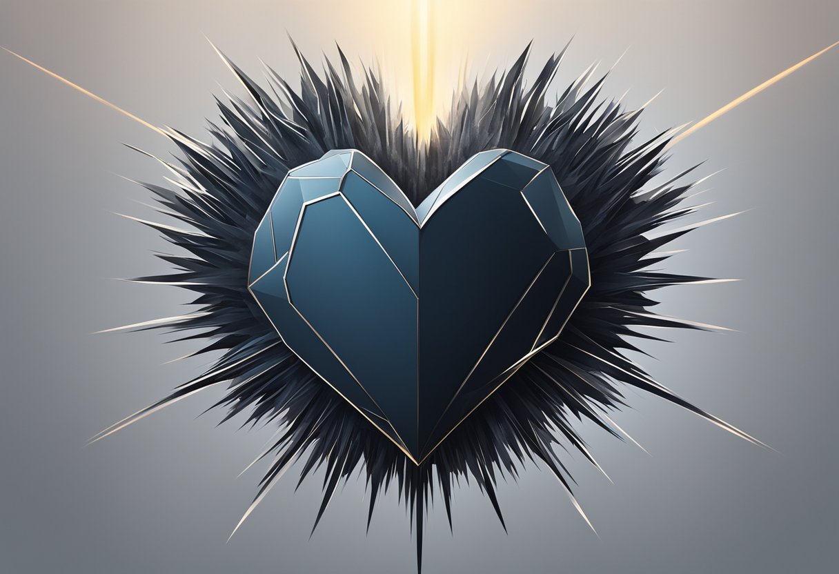 A heart with jagged lines radiating out from it, surrounded by a cloud of darkness, with a bright light shining from the center