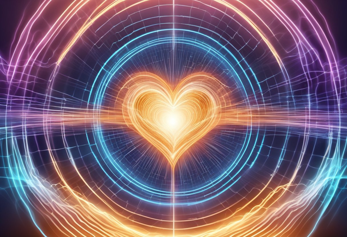 A heart pounding against a chest, radiating waves of energy