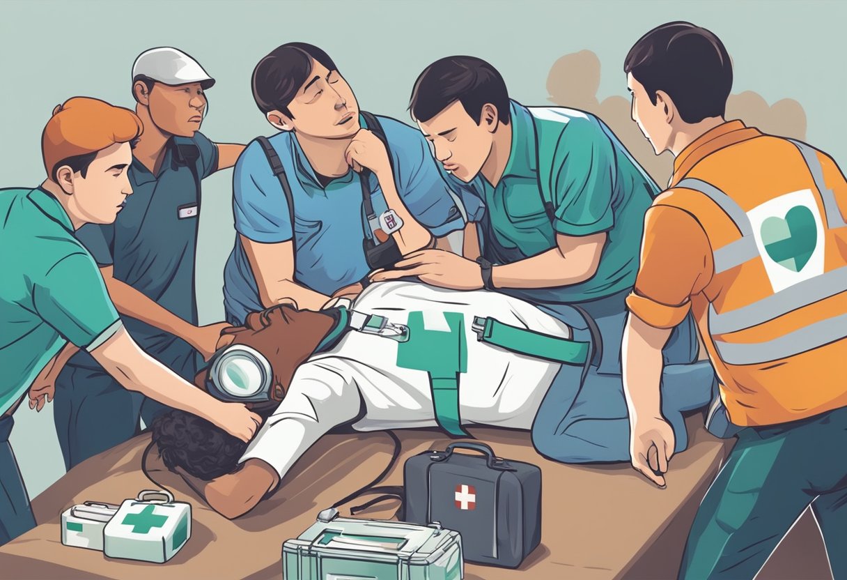 A person clutching their chest, grimacing in pain, while others rush to their aid with a defibrillator and first aid kit