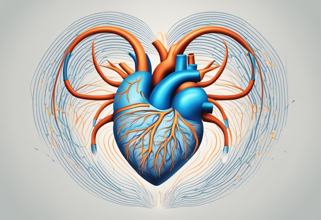 A heart pulsing rhythmically in a chest, surrounded by swirling lines representing the sensation of palpitations