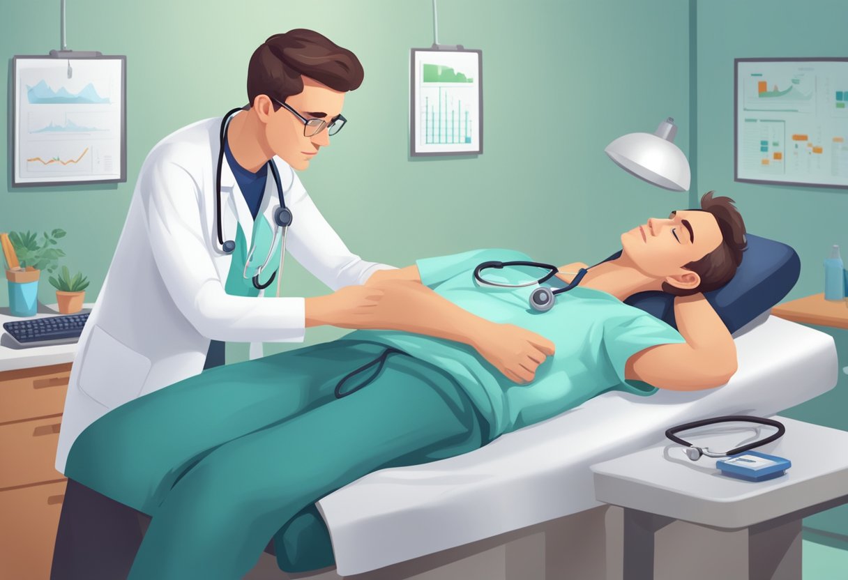 A patient lies on an examination table, a stethoscope placed on their chest. The doctor listens intently, then prescribes medication for heart palpitations