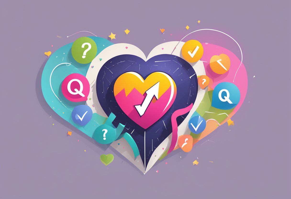 A heart-shaped FAQ symbol with a lightning bolt striking it, surrounded by question marks