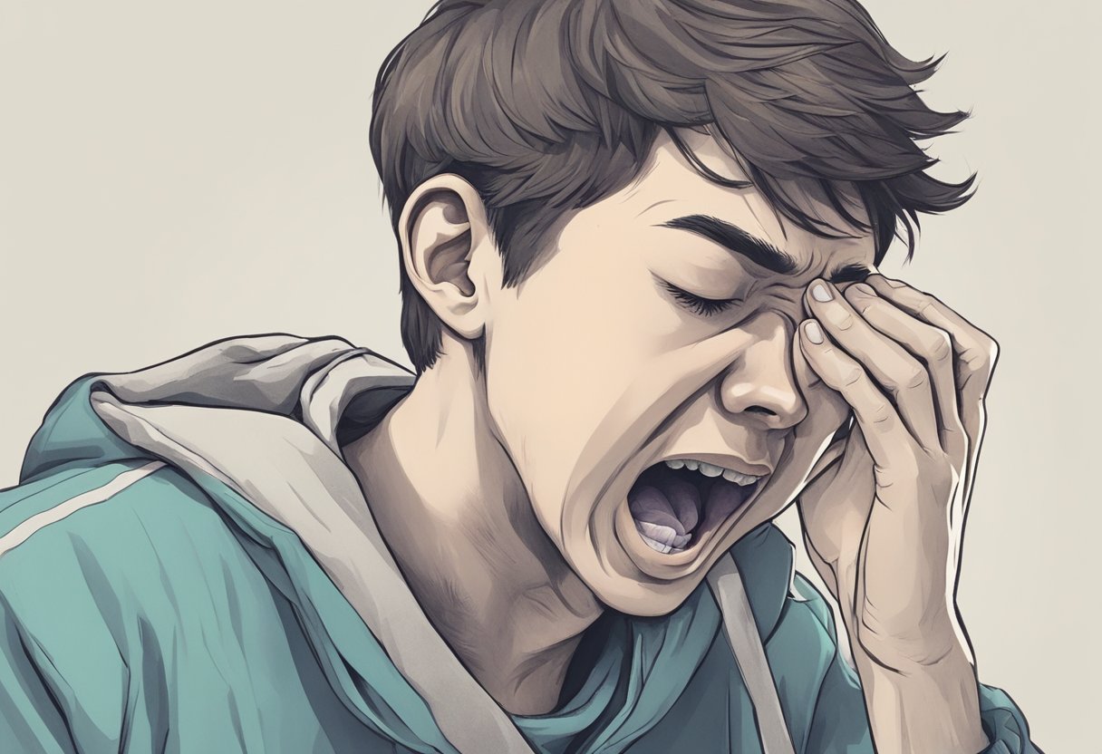 A 17-year-old clutches their chest in pain, gasping for breath. Their face contorted in agony as they struggle to stay conscious