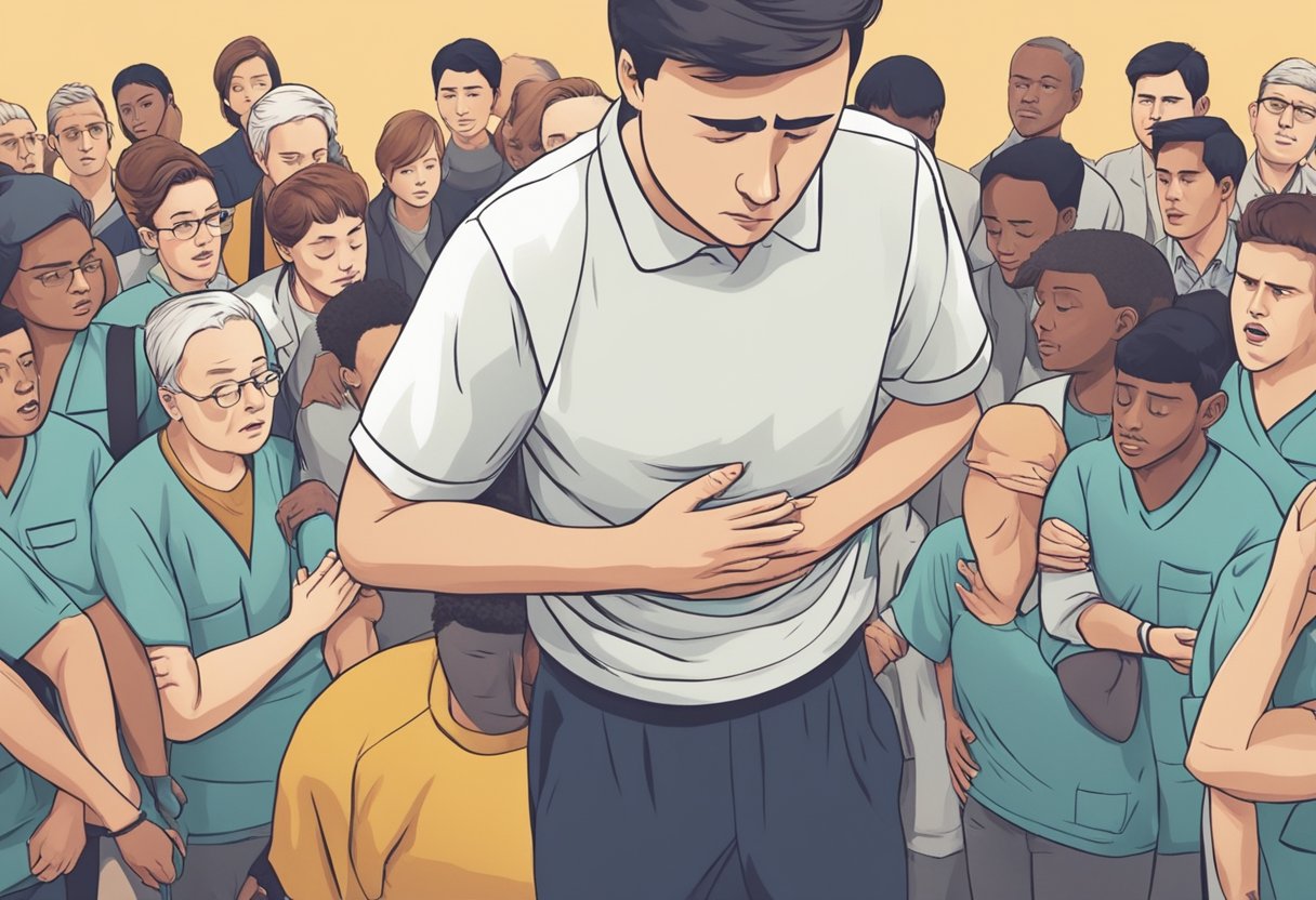 A young person clutching their chest in pain, surrounded by concerned onlookers, while medical professionals rush to their aid