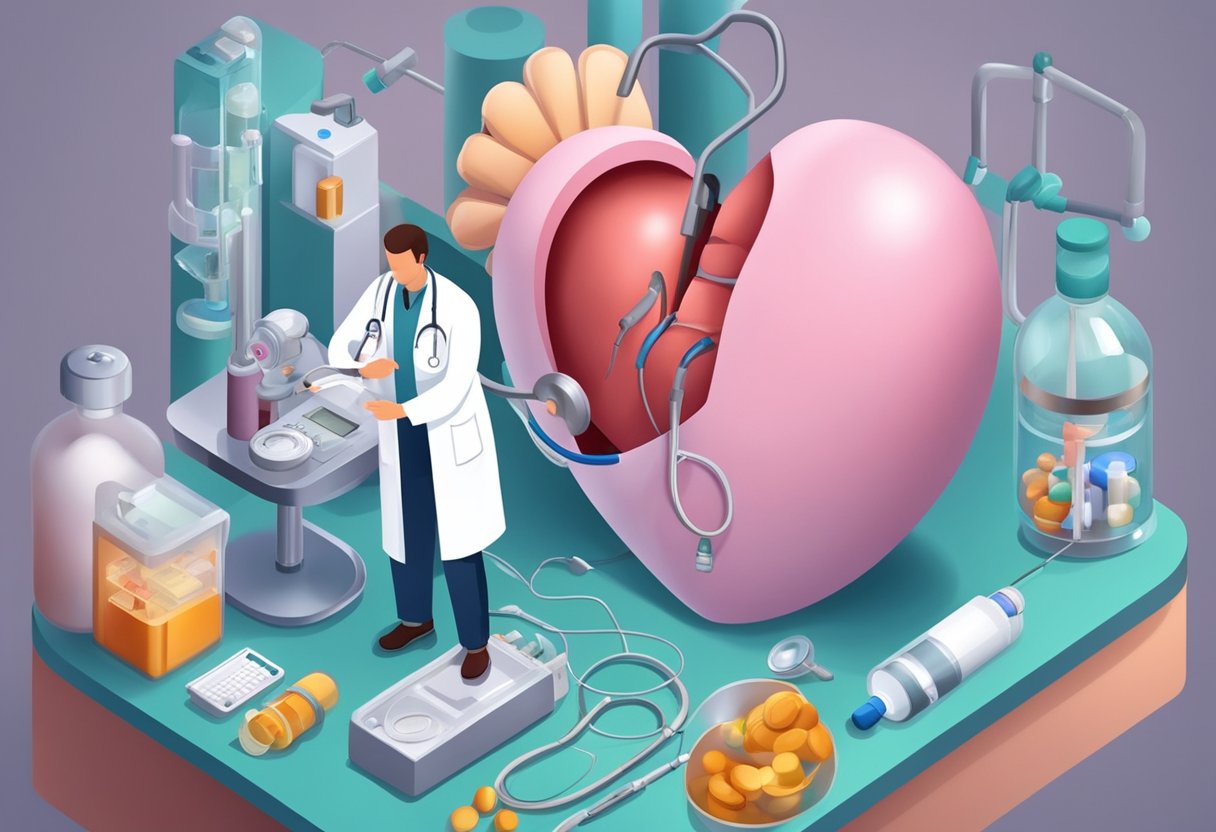 A doctor administers medication to a heart-shaped organ surrounded by medical equipment