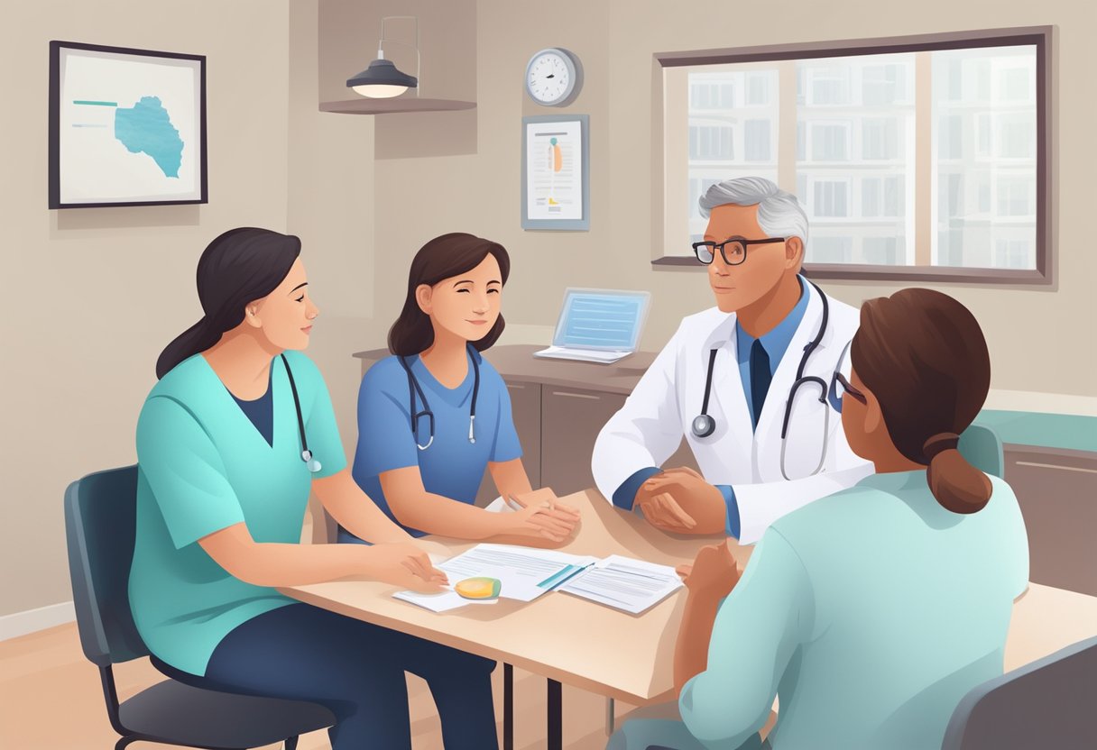 A doctor explaining coronary heart disease treatment options to a patient's family