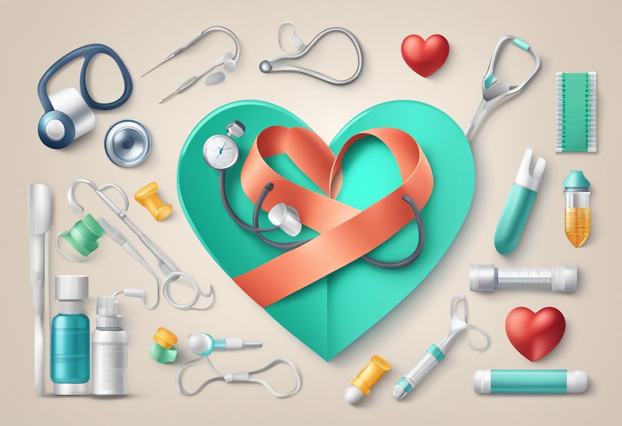 A heart with a prevention ribbon, healthy lifestyle symbols, and medical tools