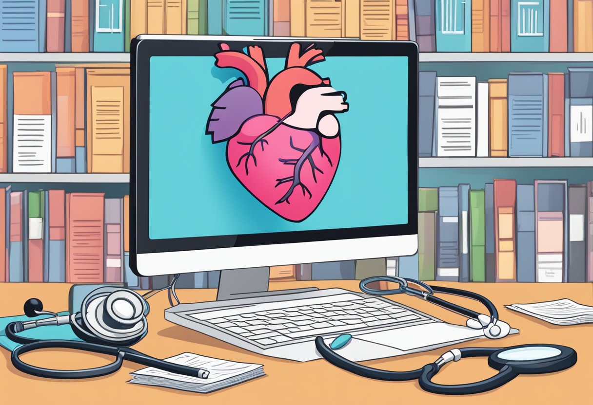A 17-year-old's heart attack FAQ: text on a computer screen, surrounded by medical books and a stethoscope