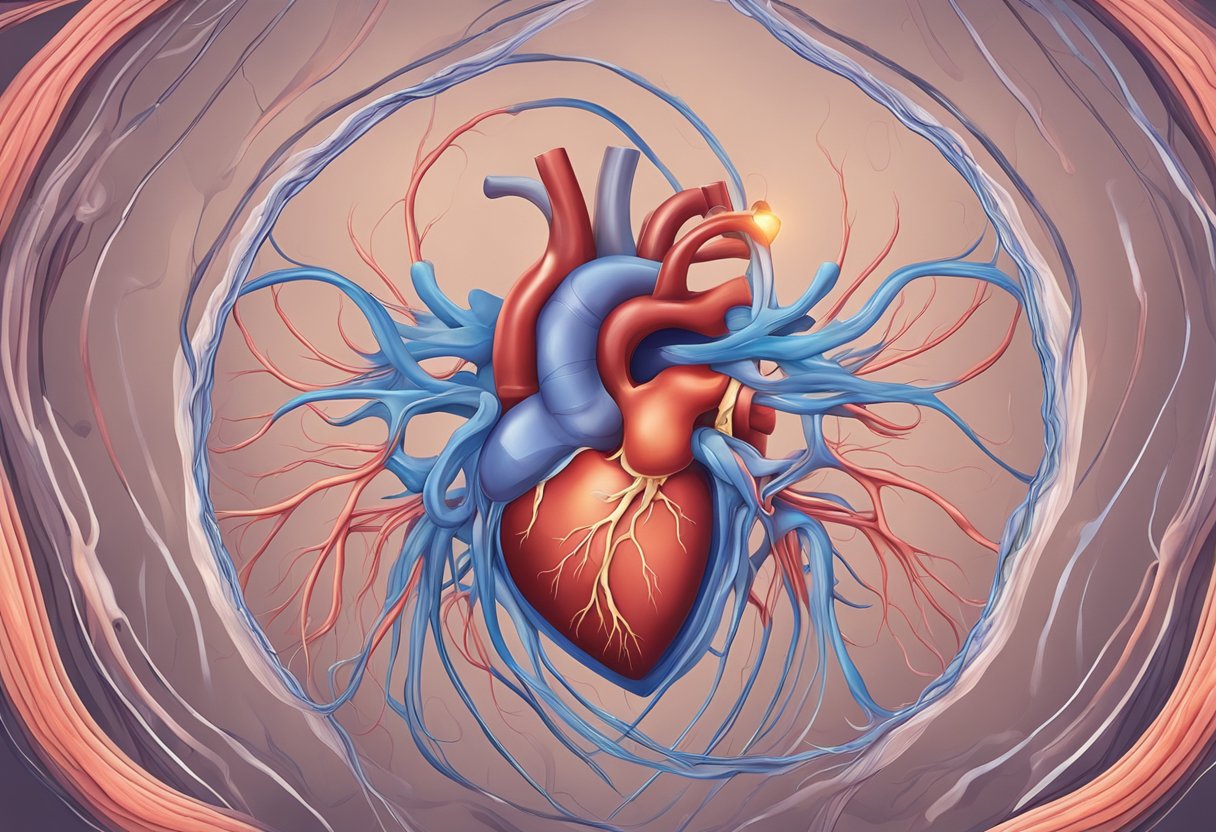 A heart surrounded by fluid, with weakened muscles and narrowed blood vessels, causing poor circulation and oxygen deprivation