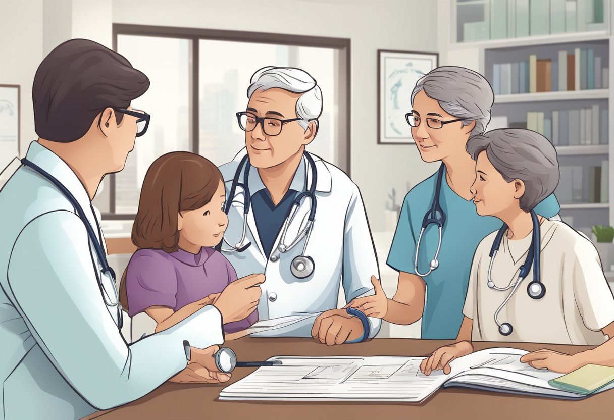 A doctor explaining coronary heart disease treatment options to a patient's family
