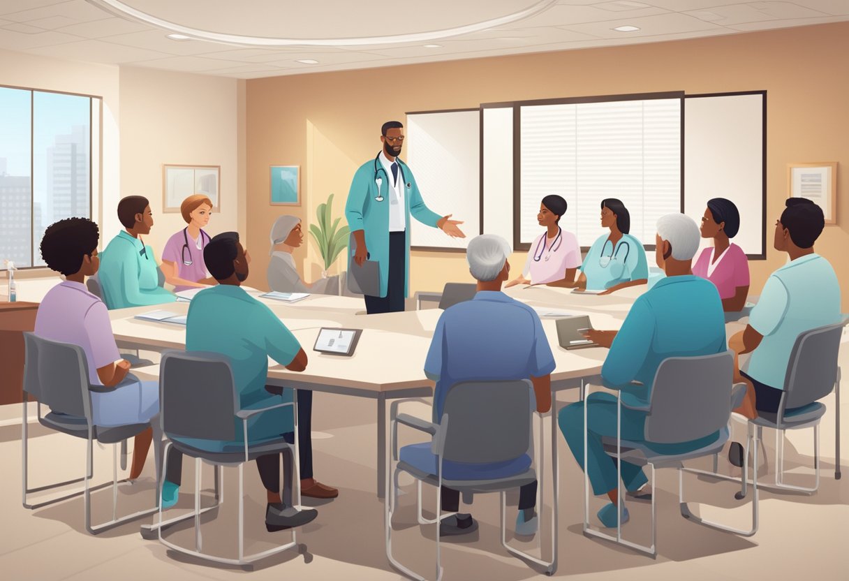A doctor explaining coronary heart disease treatment options to a group of attentive patients in a hospital conference room