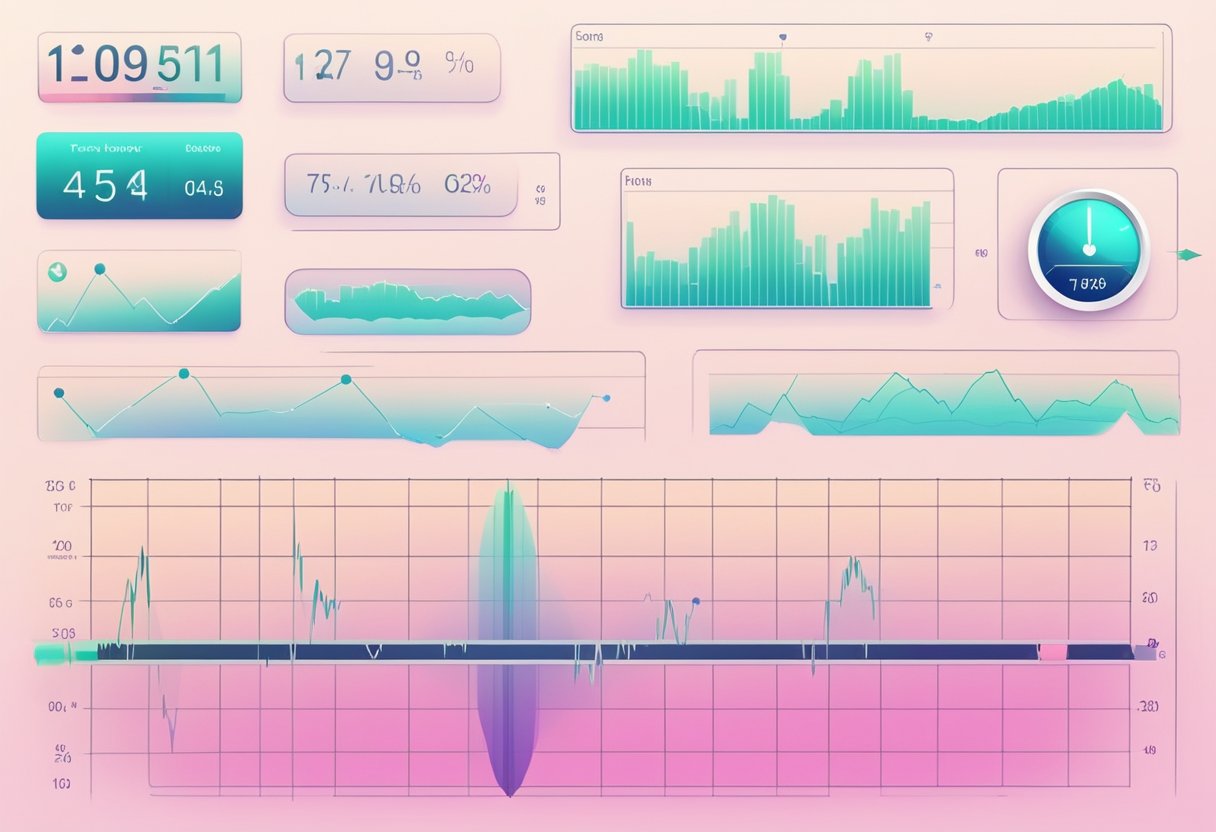 A heart rate monitor displays fluctuating heart rate variability range